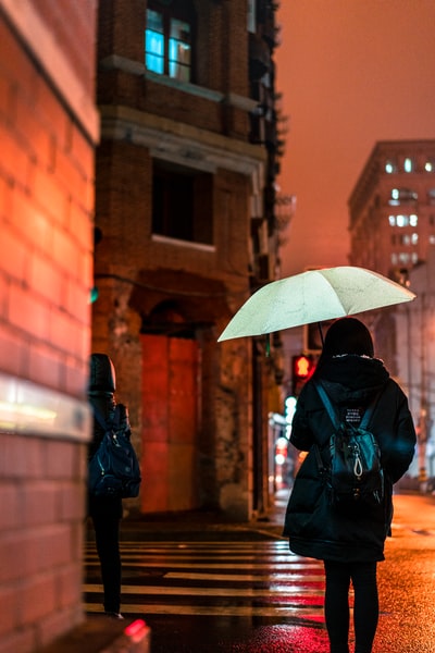 雨伞下走在人行道上的女人